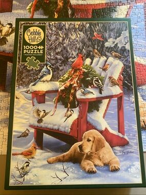 Cobble Hill 1000-Piece Winter Birds & Puppy Puzzle - Red Chair Snow Scene